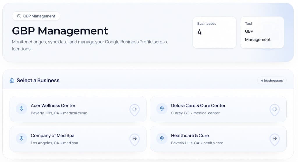 GBP Management dashboard showing business selection across multiple clinic locations.