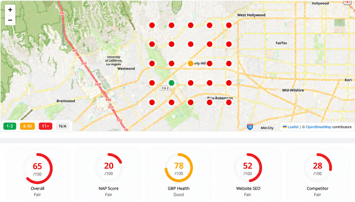 Local SEO accuracy dashboard with a ranking grid map and performance score cards.