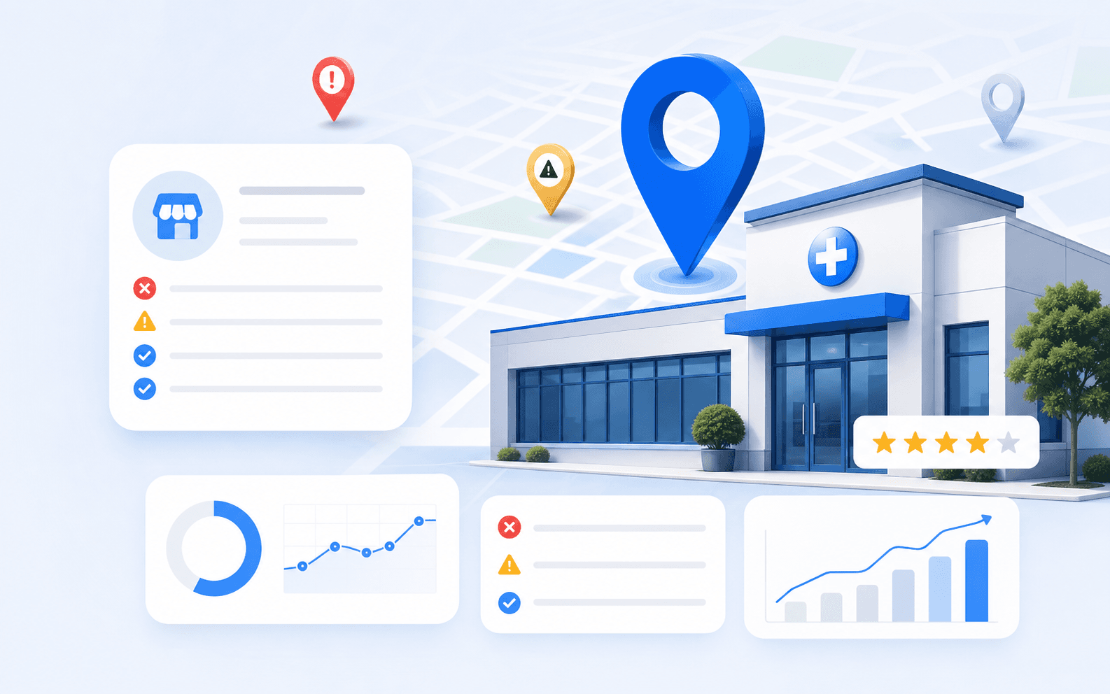 Curex Marketing featured image for Why Your Clinic Is Not Showing Up on Google Maps showing a clinic location pin, map visibility issue indicators, and local search diagnostic cards in a full-bleed landscape composition