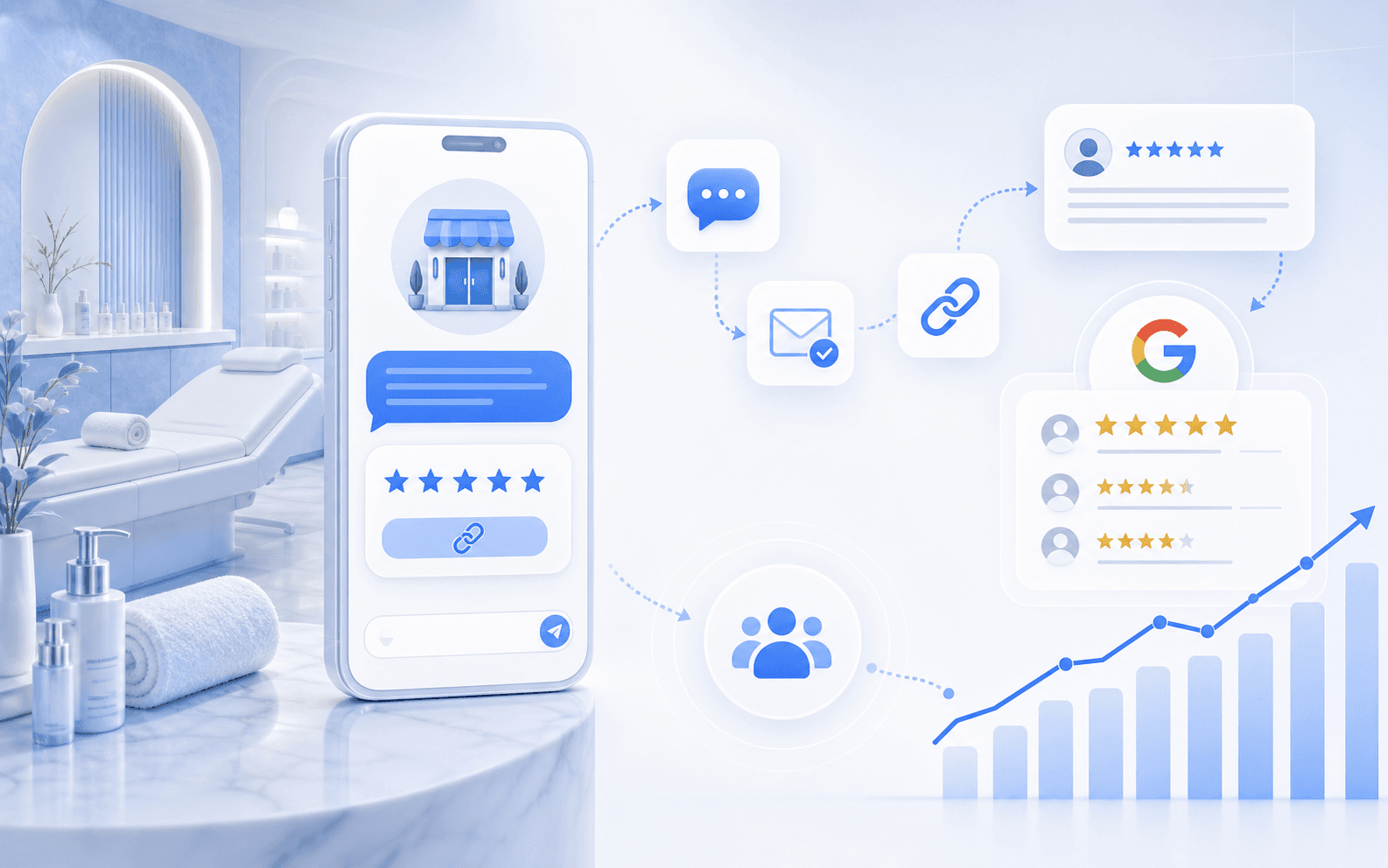 Curex Marketing featured image for How to Get More Google Reviews for a Med Spa showing a med spa review request workflow with message prompts, reputation signals, and review growth modules