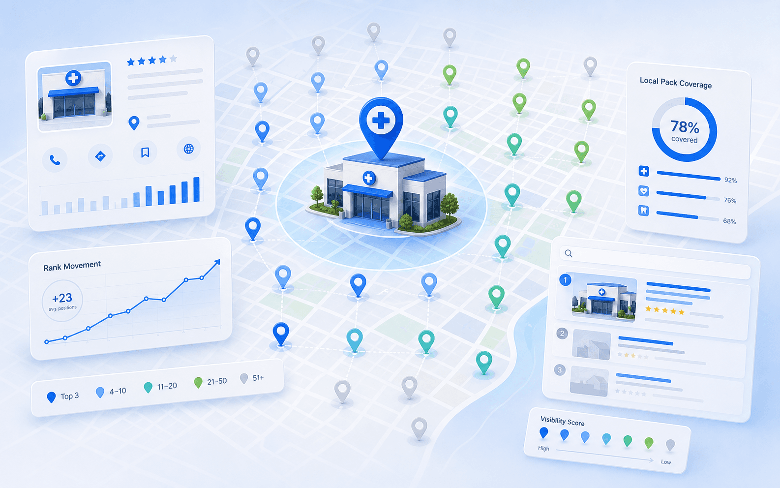 Curex Marketing featured image for How Local Ranking Grids Work for Clinics showing a clinic-centered local ranking grid map with coverage markers, rank movement, and visibility scoring