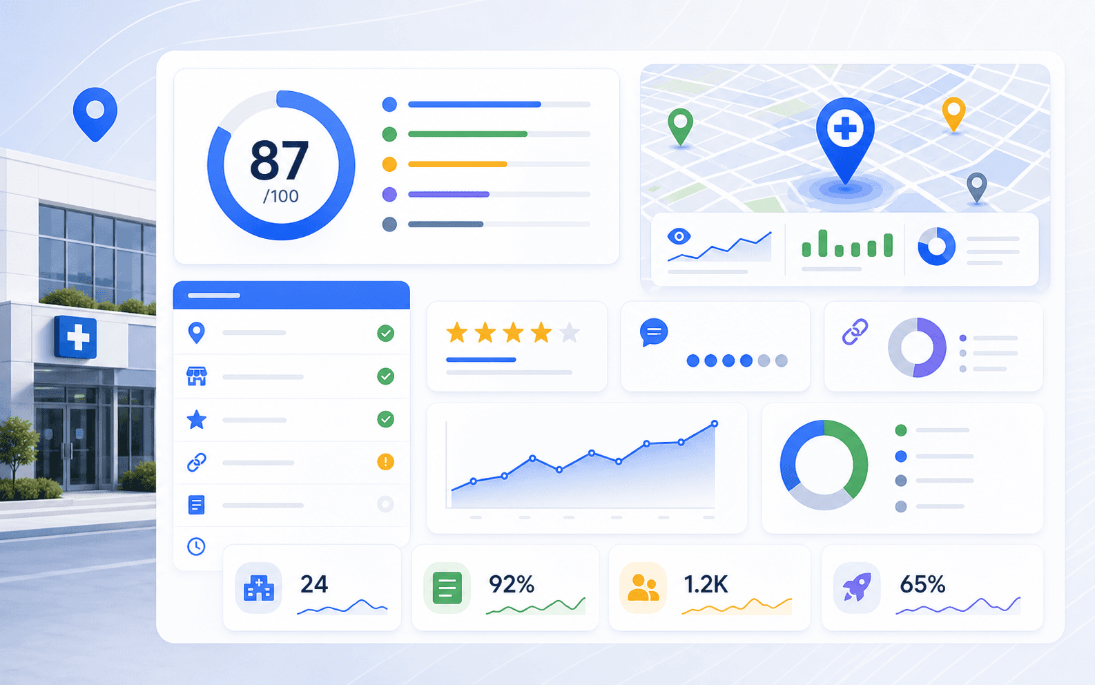 Curex Marketing featured image for Clinic Local SEO Scorecard Template showing a clinic scorecard dashboard with benchmark metrics, audit modules, and local visibility tracking