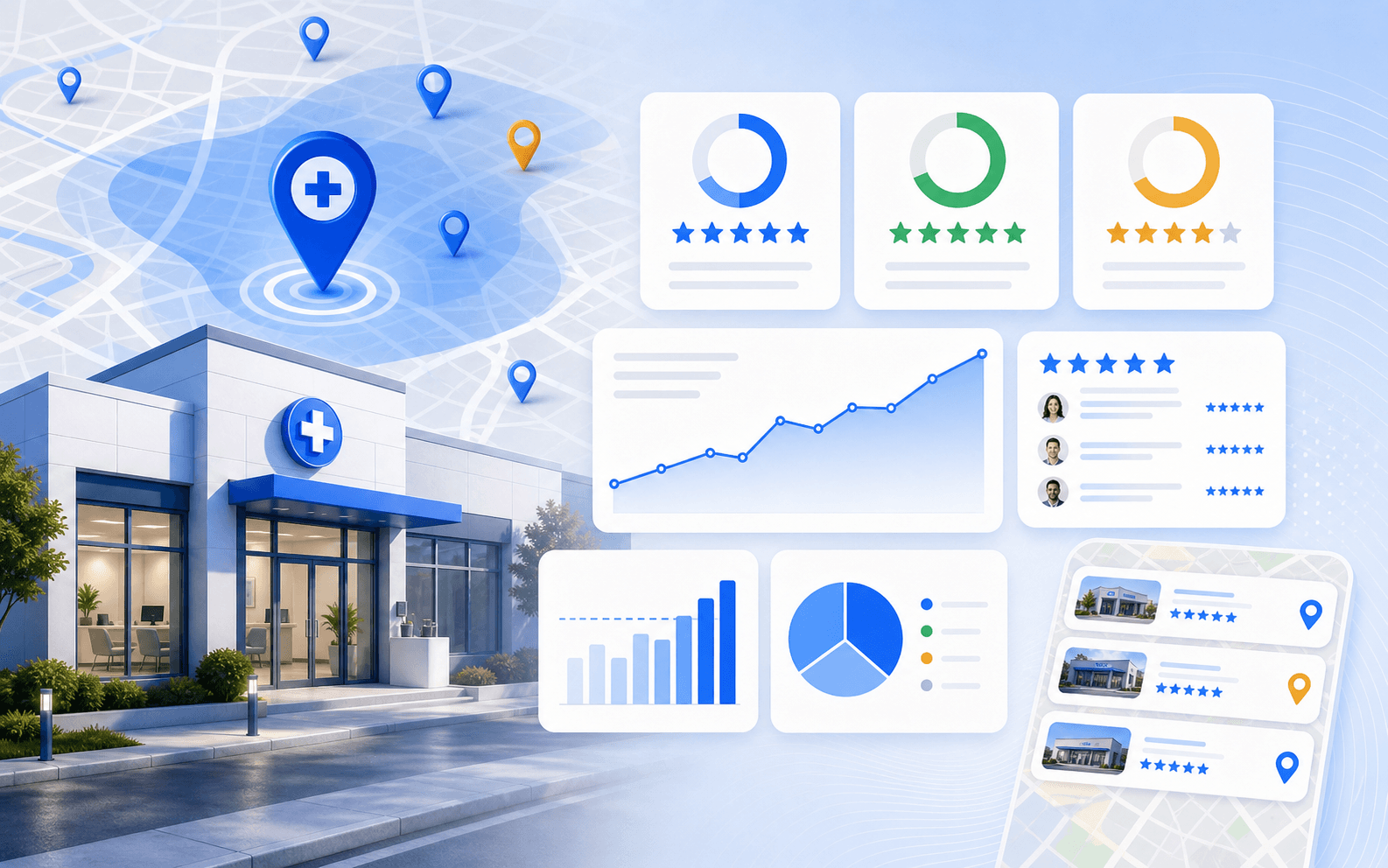 Curex Marketing featured image for How Many Google Reviews Does a Clinic Need to Rank showing review benchmark cards, trust comparisons, and local visibility trend analysis for clinics