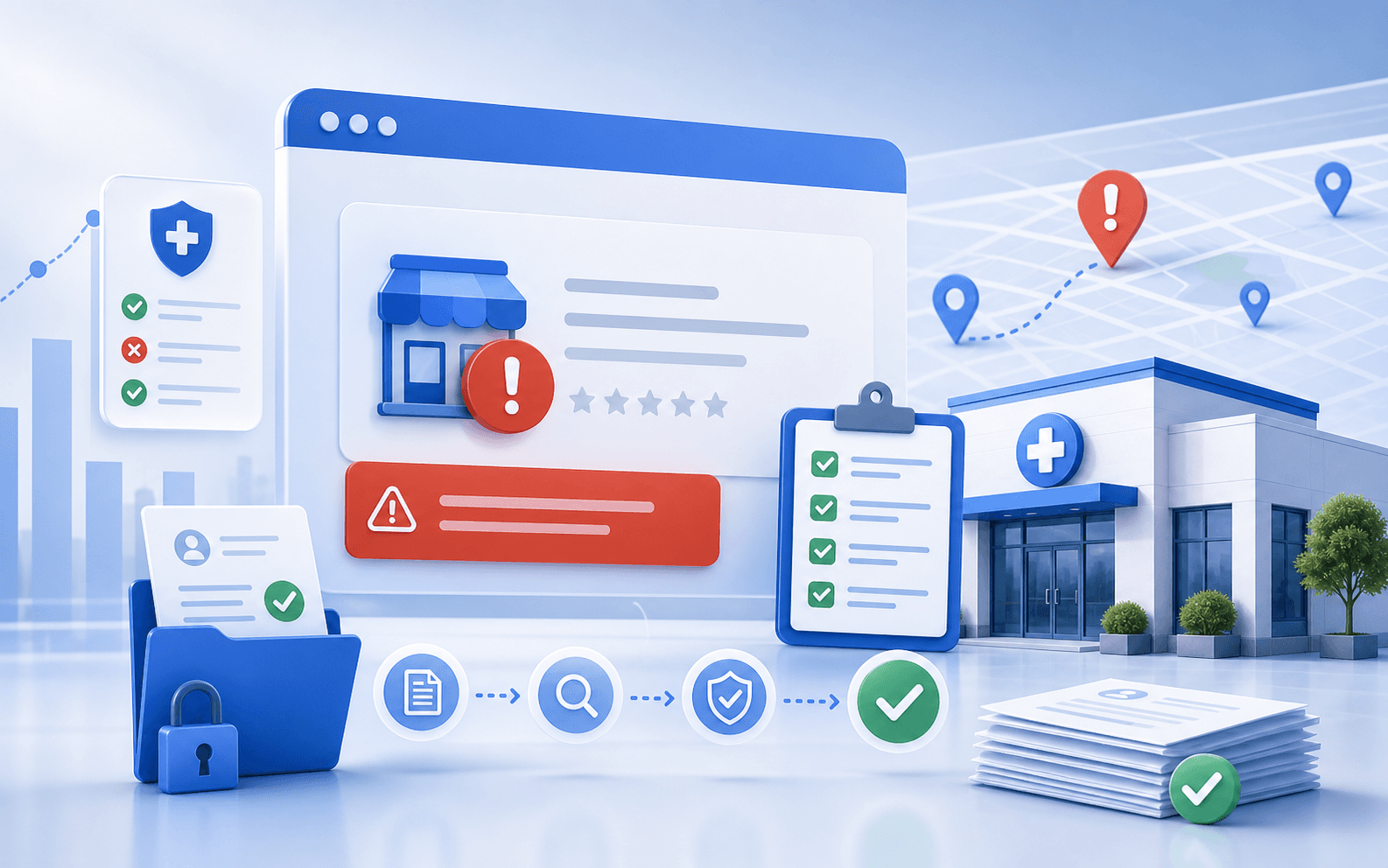 Curex Marketing featured image for Google Business Profile Suspended Reinstatement Checklist showing a suspended clinic profile, reinstatement checklist, compliance validation, and recovery workflow cards