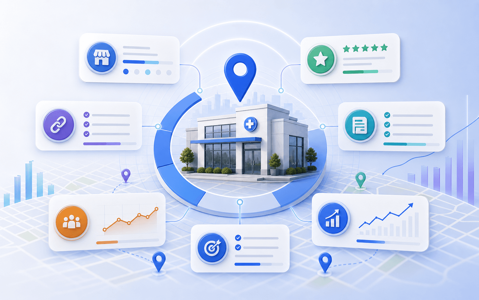 Curex Marketing featured image for Clinic Local Search Ranking Factors 2026 Curex Visibility Model showing a clinic-centered visibility framework with ranking factor modules, trust signals, and performance charts