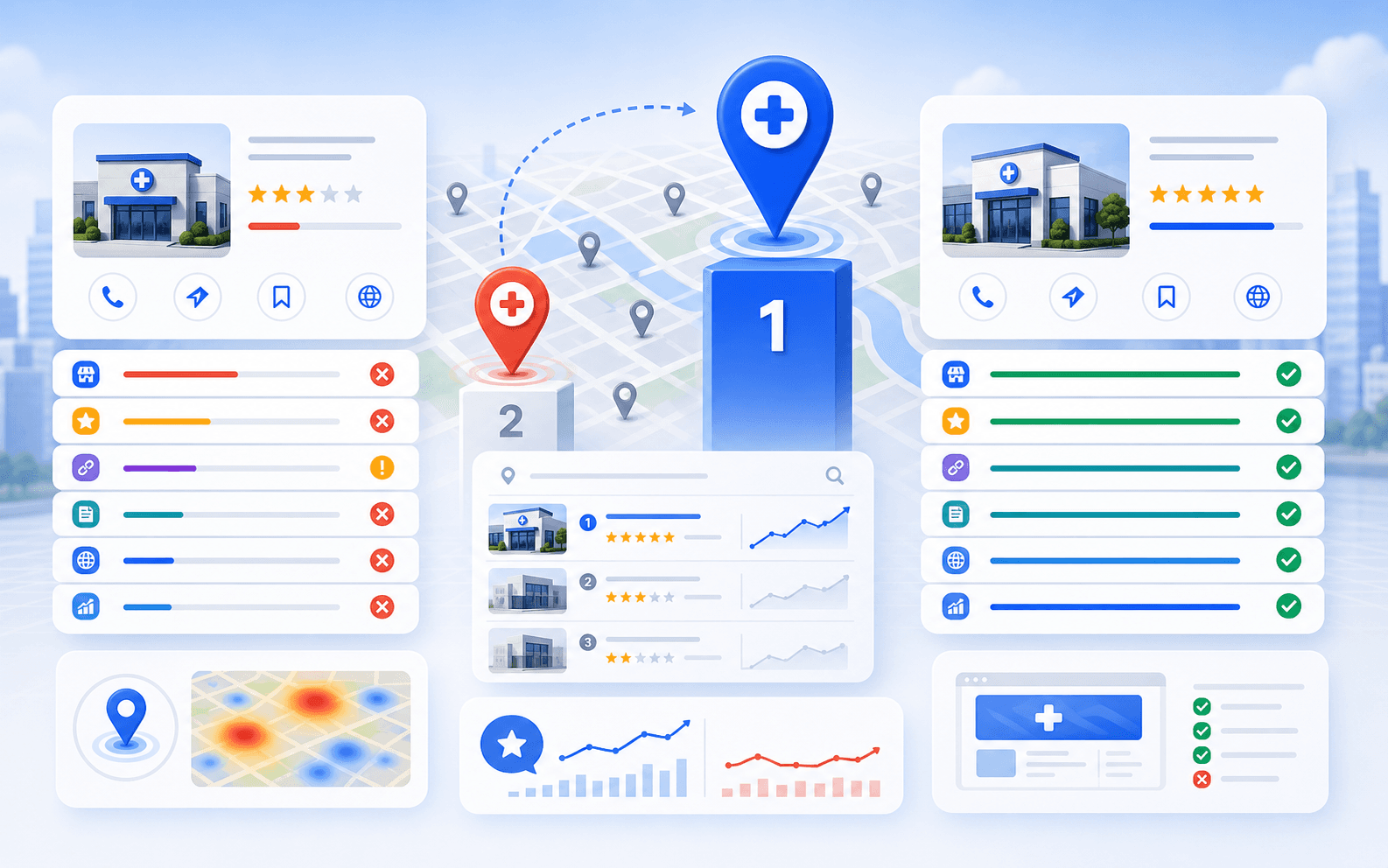 Curex Marketing featured image for Why Your Competitor Ranks Above You on Google Maps showing stronger versus weaker clinic ranking signals, map-pack comparison, and local visibility gap analysis