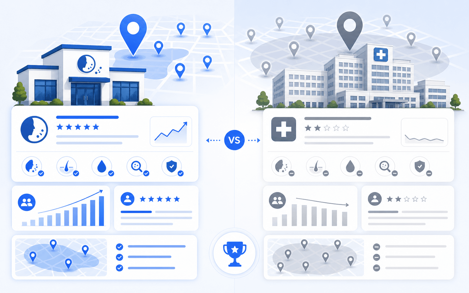 Curex Marketing featured image for Local SEO for Dermatologists How to Compete With Hospital Groups showing an independent dermatology clinic competing against a larger medical system with local trust and ranking cues
