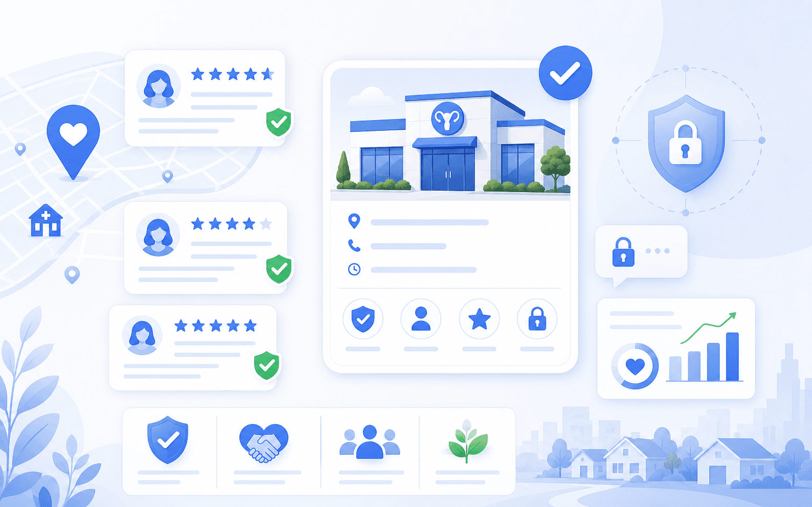 Curex Marketing featured image for Local SEO for OB GYN Practices Privacy Reviews and Local Trust showing a women’s health clinic trust scene with privacy-safe review and local reputation cues
