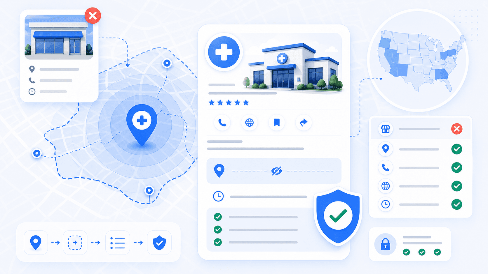 Curex Marketing featured image for Hidden Address GBP Strategy for Service Area Clinics showing a service-area clinic profile, privacy-safe address handling, and local coverage map cues