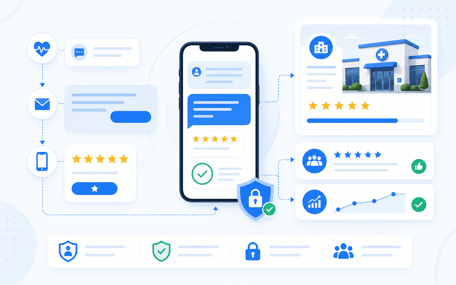 Curex Marketing featured image for Google Review Request Script for Medical Clinics showing a privacy-safe review request workflow with message cues, trust signals, and clinic feedback cards