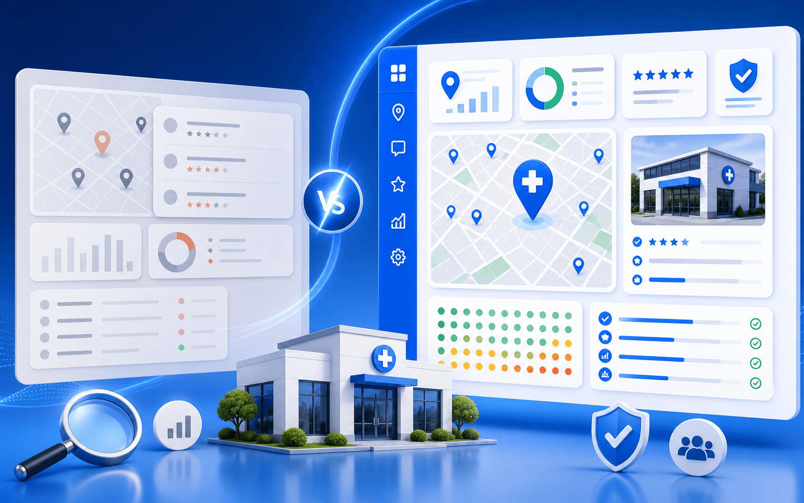 Curex Marketing featured image for BrightLocal vs Curex for Clinic Local SEO showing a comparison between a generic local SEO dashboard and a clinic-specific local visibility workflow with map-pack, reviews, and ranking cues