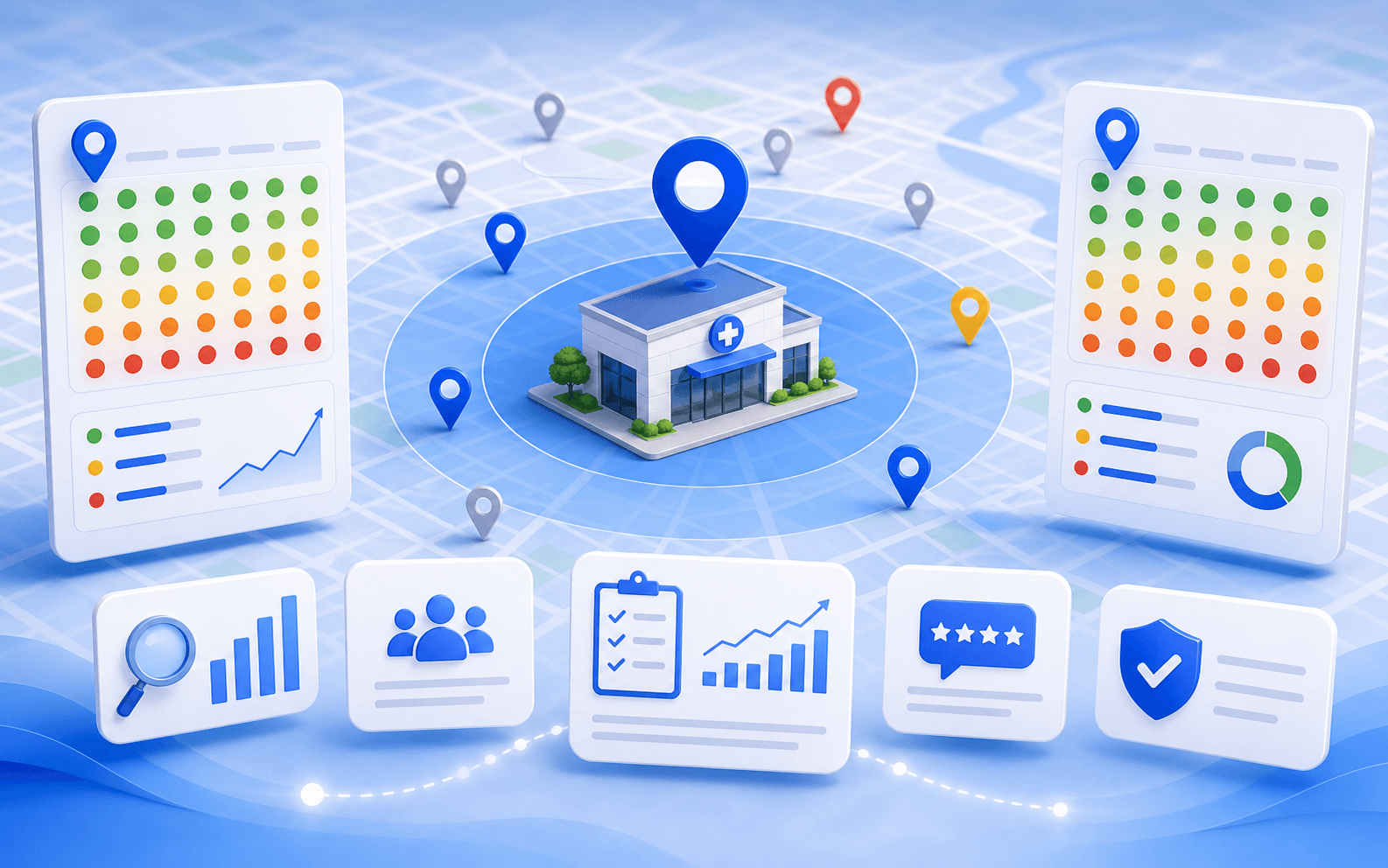 Curex Marketing featured image for Local Falcon vs Curex Local Ranking Grids showing a clinic neighborhood visibility map, ranking grid, competitor markers, and local search workflow cues
