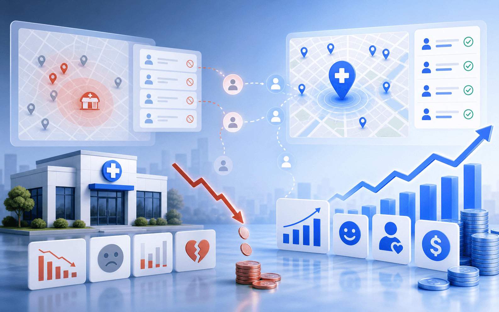 Curex Marketing featured image for How Much Revenue Do Clinics Lose From Poor Local Rankings showing a clinic map visibility gap connected to missed demand and revenue trend cues
