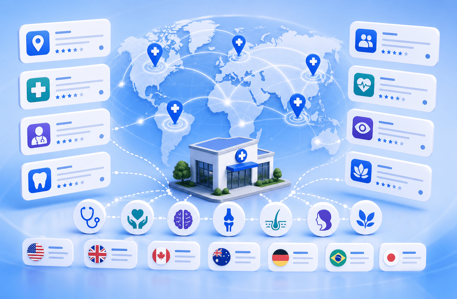 Curex Marketing featured image for Top Citation Sources for Medical Clinics by Country and Specialty showing a clinic directory source map, specialty trust cues, and listing network coverage
