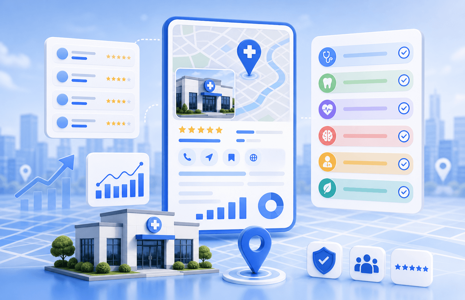 Curex Marketing featured image for Best Google Business Profile Categories for Clinics showing clinic profile cards, category selection cues, and local trust signals
