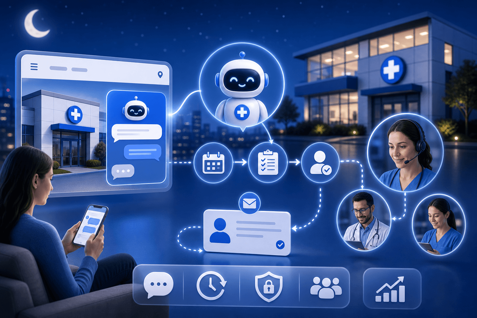 Curex Marketing featured image for How AI Chatbots Help Clinics Capture After Hours Leads showing an evening clinic chat workflow, inquiry capture, and booking handoff cues