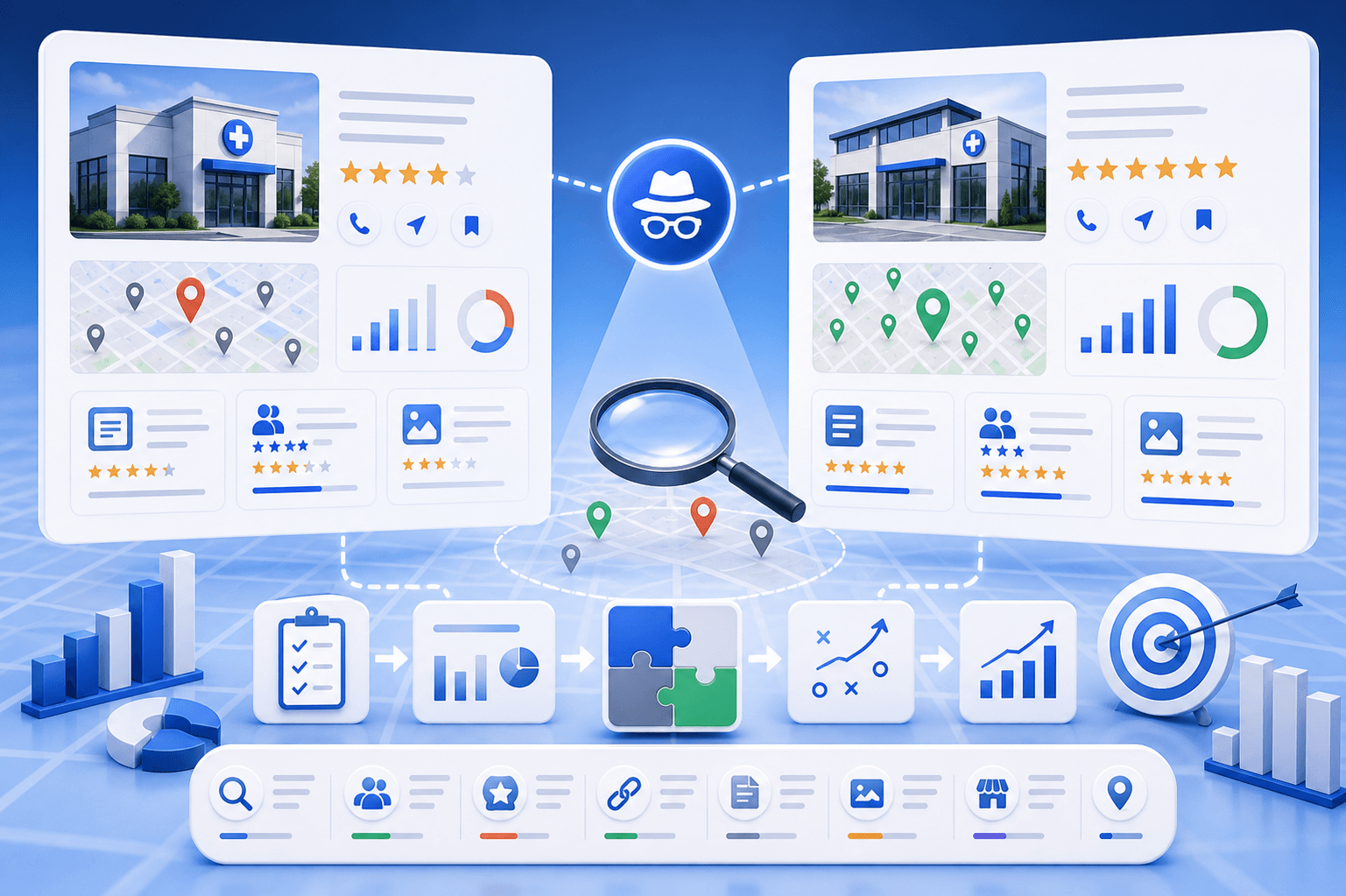 Curex Marketing featured image for How to Reverse Engineer a Competitor's Local SEO Strategy showing side by side clinic visibility, review, map, and service page comparison cues