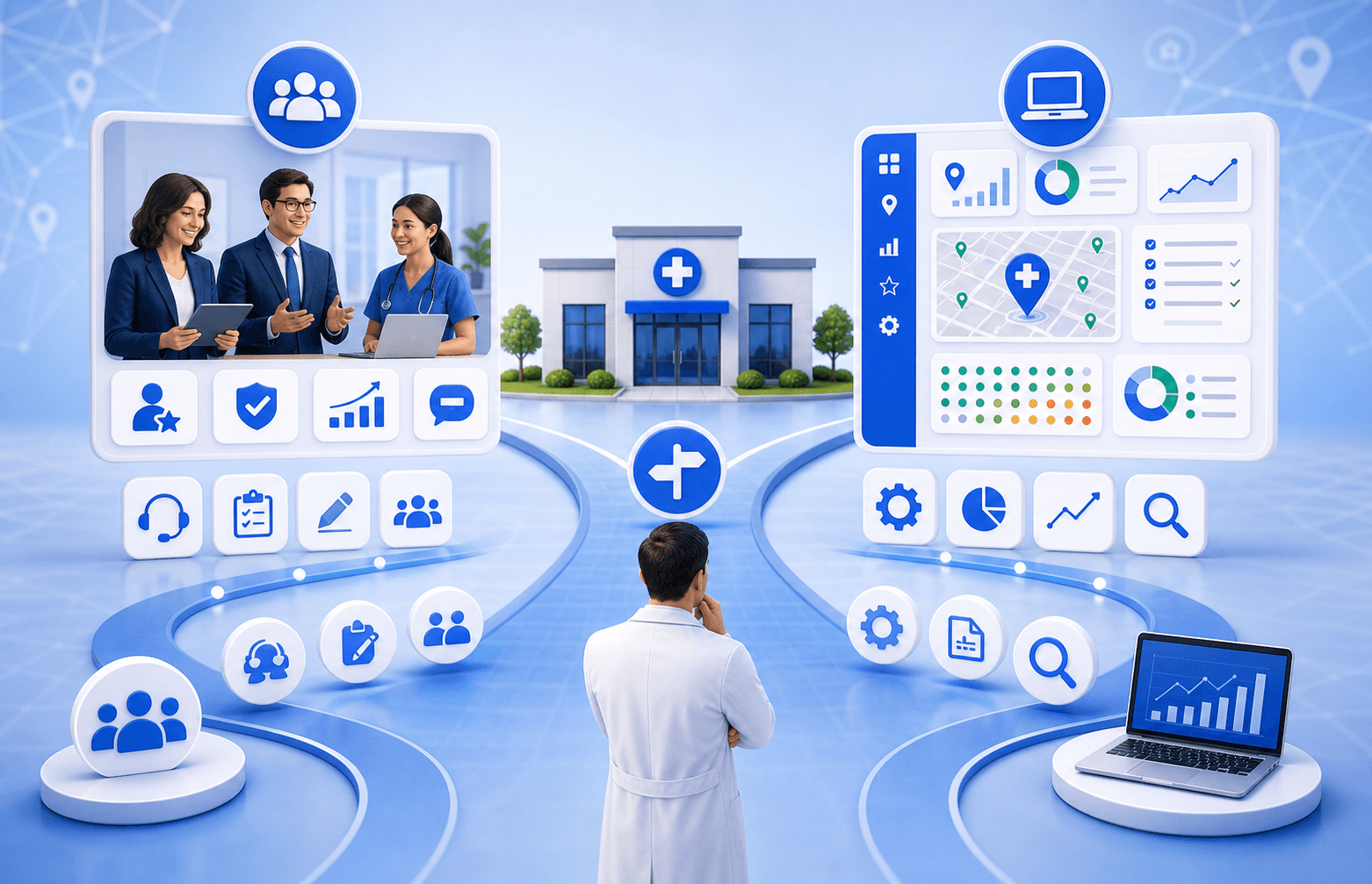 Curex Marketing featured image for When to Hire a Medical SEO Agency vs Use Software showing a clinic team choosing between managed service support and software control workflows