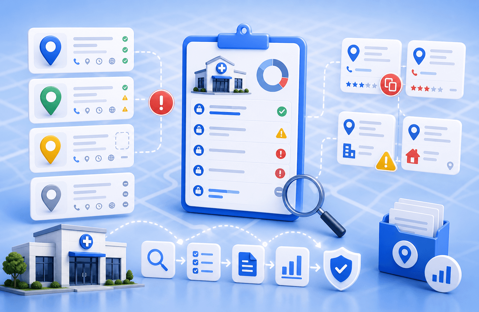 Curex Marketing featured image for Most Common Citation Gaps Found in Clinic SEO Audits showing missing listing data, duplicate record warnings, and clinic audit cues
