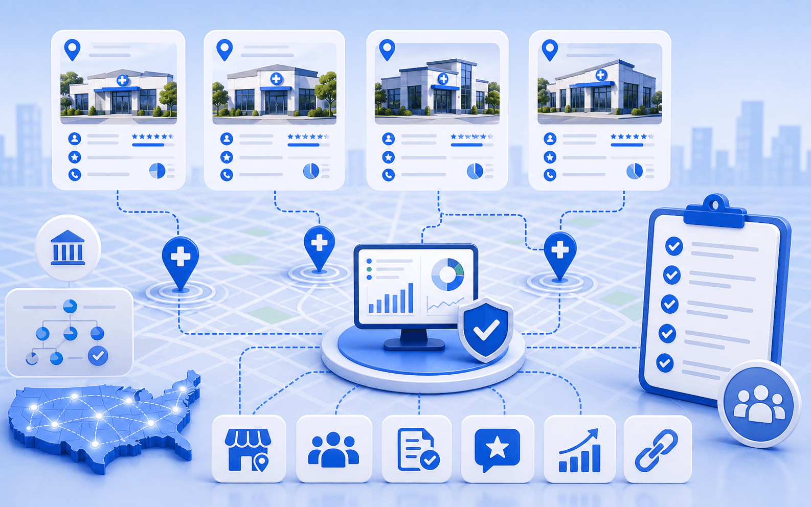 Curex Marketing featured image for Multi Location Clinic Local SEO Checklist showing multiple clinic locations, profile controls, and standardized local SEO workflow cues