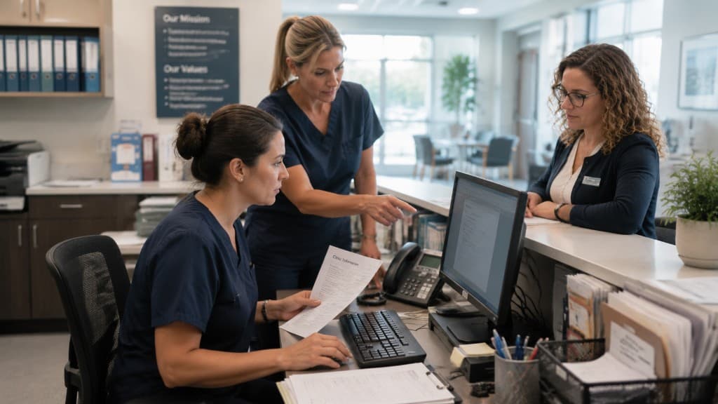Clinic staff reviewing patient information at a medical reception desk.