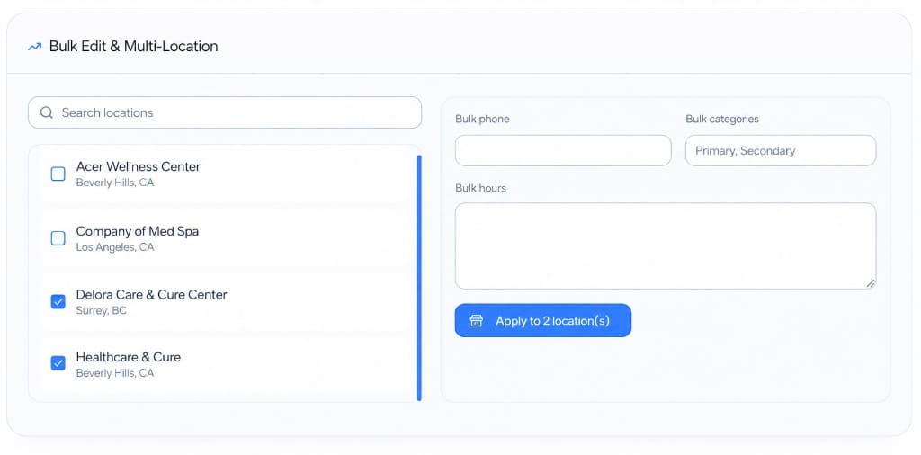 Bulk edit and multi-location interface for updating GBP details across selected locations.